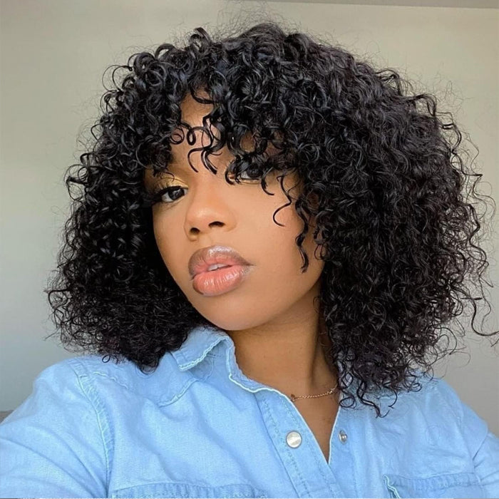 Curly Short Bob Wigs With Bangs None Lace Full Machinemade Human Hair Wigs Glueless Beginner Friendly