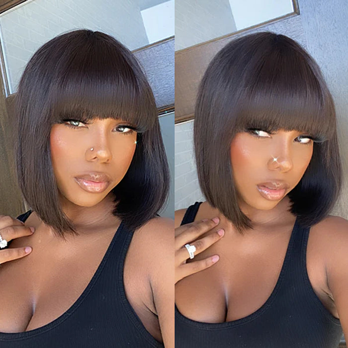 Glueless Human Hair Wigs with Bangs Straight Bob 2x4 HD Lace Wigs With Bangs