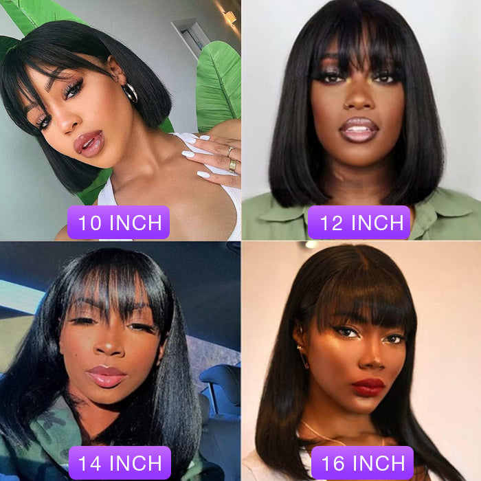 Glueless Human Hair Wigs with Bangs Straight Bob 2x4 HD Lace Wigs With Bangs