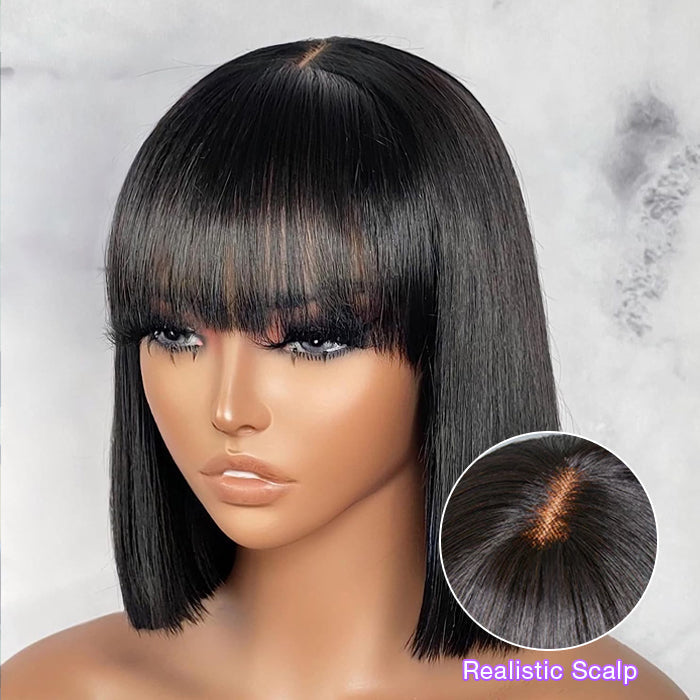 Glueless Human Hair Wigs with Bangs Straight Bob 2x4 HD Lace Wigs With Bangs