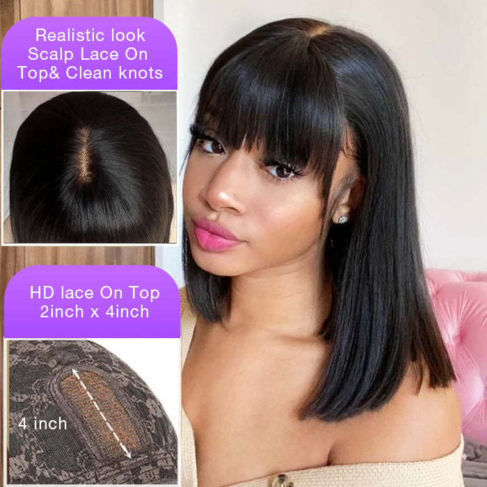 Glueless Human Hair Wigs with Bangs Straight Bob 2x4 HD Lace Wigs With Bangs