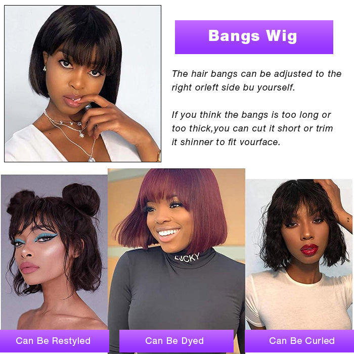 Glueless Human Hair Wigs with Bangs Straight Bob 2x4 HD Lace Wigs With Bangs