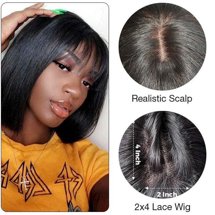 Glueless Human Hair Wigs with Bangs Straight Bob 2x4 HD Lace Wigs With Bangs