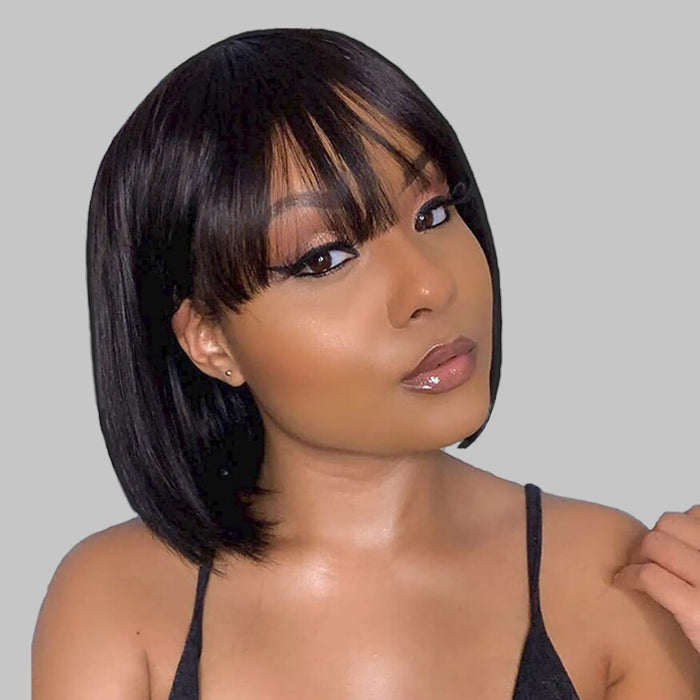 Glueless Human Hair Wigs with Bangs Straight Bob 2x4 HD Lace Wigs With Bangs