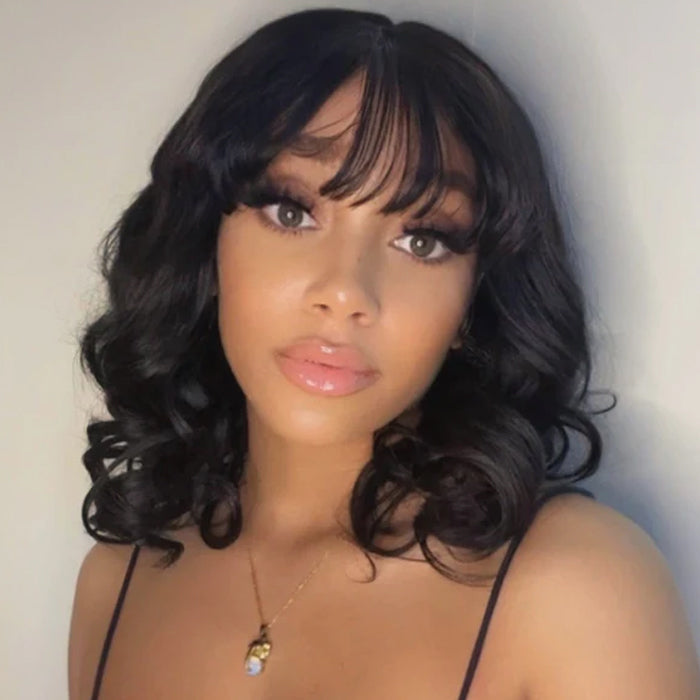 Body Wave Short Bob Wigs With Bangs Full Machinemade Wigs Glueless Human Hair Wigs Put On & Go