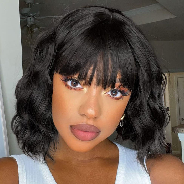 Body Wave Short Bob Wigs With Bangs Full Machinemade Wigs Glueless Human Hair Wigs Put On & Go