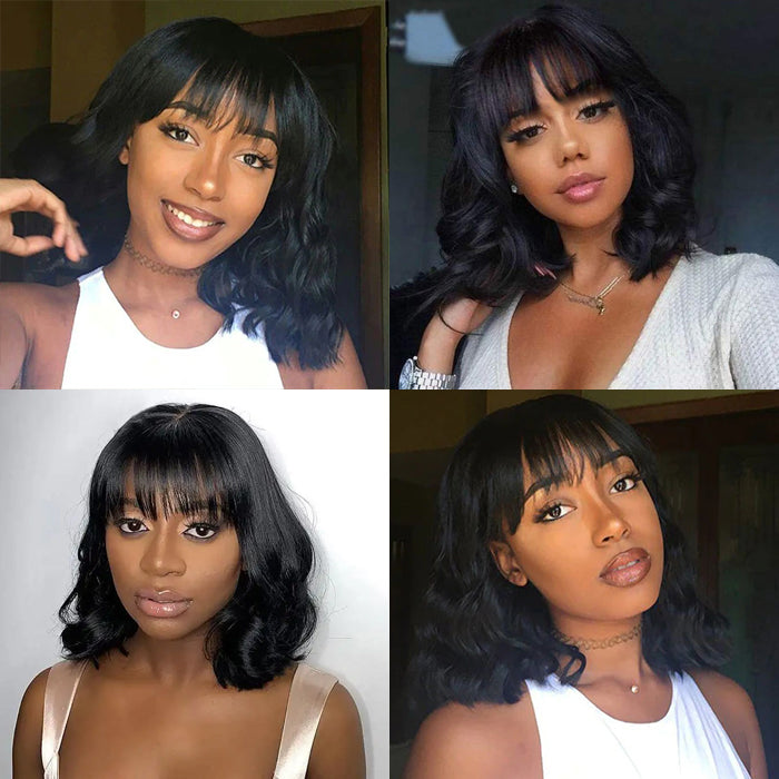 Body Wave Short Bob Wigs With Bangs Full Machinemade Wigs Glueless Human Hair Wigs Put On & Go