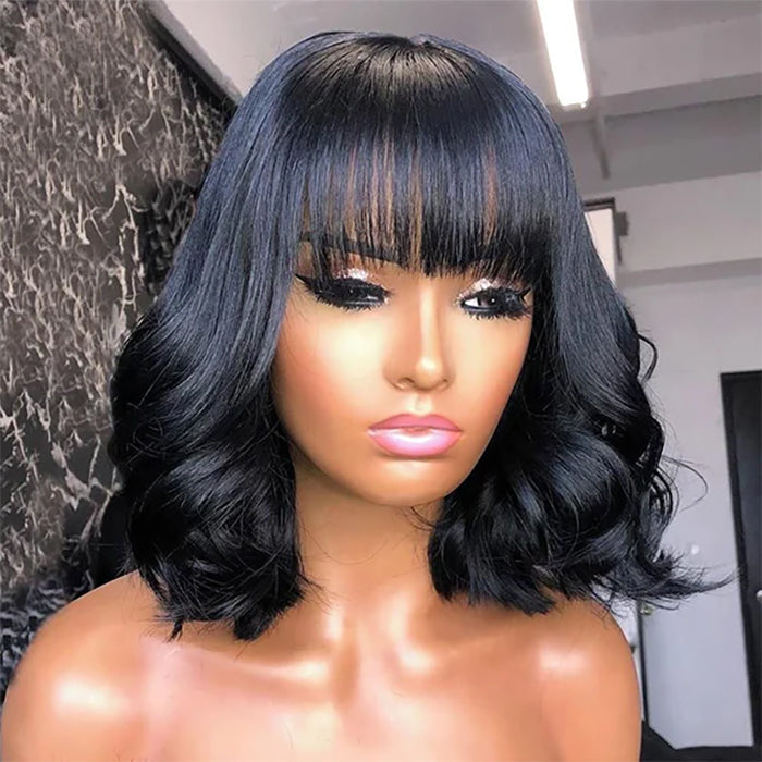 Body Wave Short Bob Wigs With Bangs Full Machinemade Wigs Glueless Human Hair Wigs Put On & Go