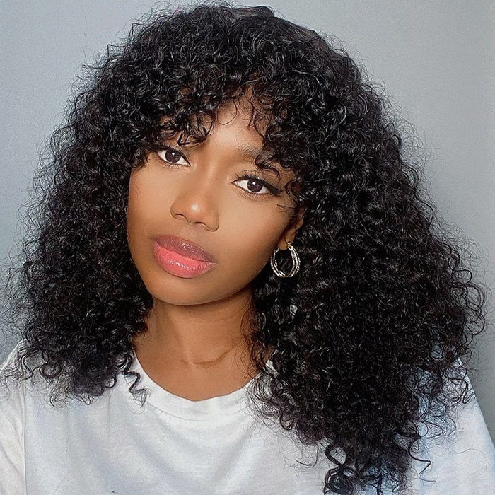 Curly Short Bob Wigs With Bangs None Lace Full Machinemade Human Hair Wigs Glueless Beginner Friendly