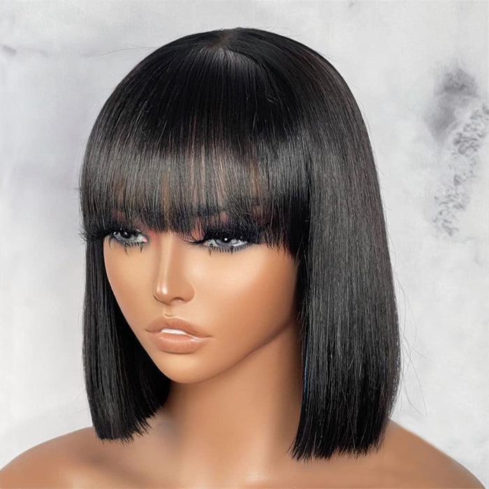 Short Bob Straight Wig With Bangs Glueless None Lace Full Machinemade Human Hair Wigs Quick Install