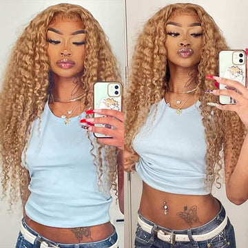 Deep Wave #27 Colored Human Hair Wigs Honey Blonde 13x4 13x6 HD Transparent Lace Frontal Wigs