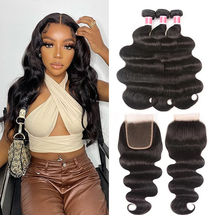 Malaysian Body Wave 3 Bundles with 4*4 Closure Soft Unprocessed Virgin Human Hair