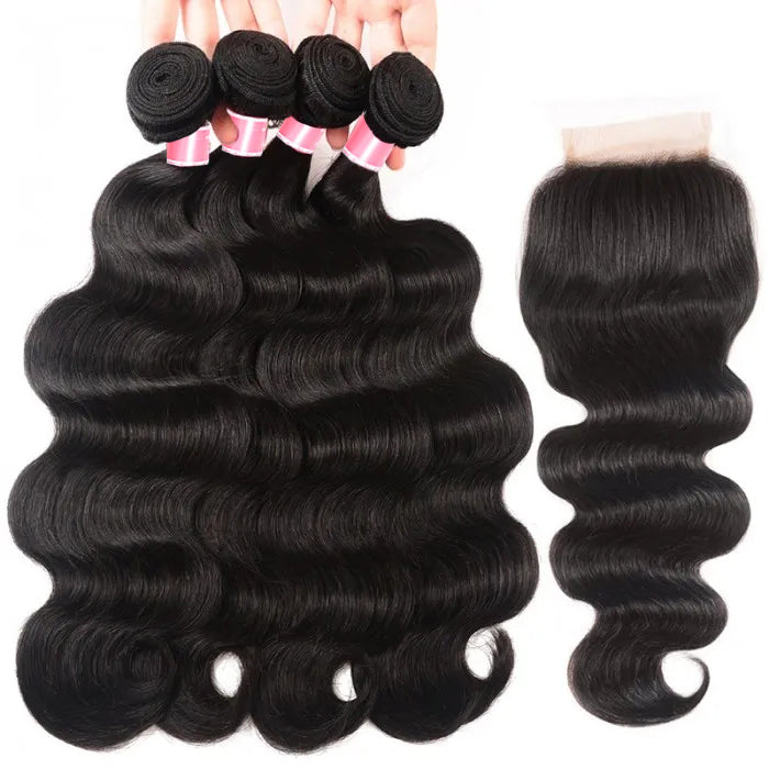 Brazilian Body Wave 4 Bundles with 4*4 Lace Closure Virgin Human Hair