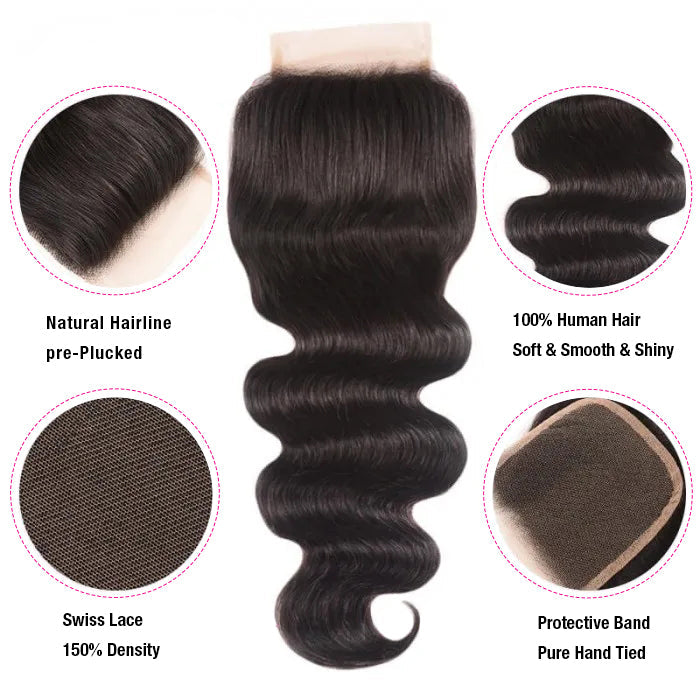 Brazilian Body Wave 4 Bundles with 4*4 Lace Closure Virgin Human Hair