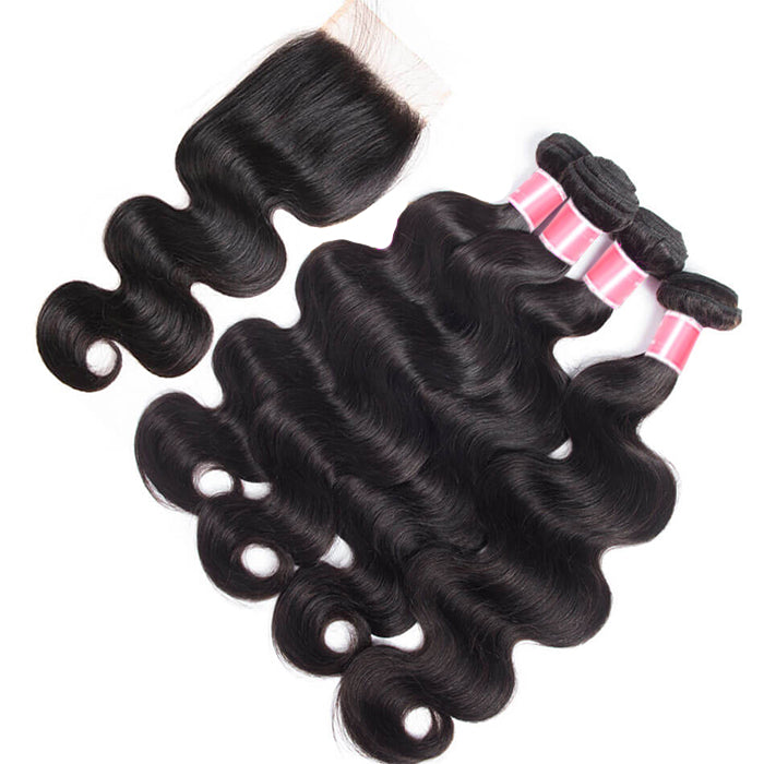 Brazilian Body Wave 4 Bundles with 4*4 Lace Closure Virgin Human Hair