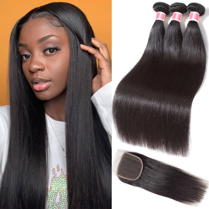 Brazilian Straight Hair 3 Bundles with 4*4 Lace Closure Virgin Human Hair