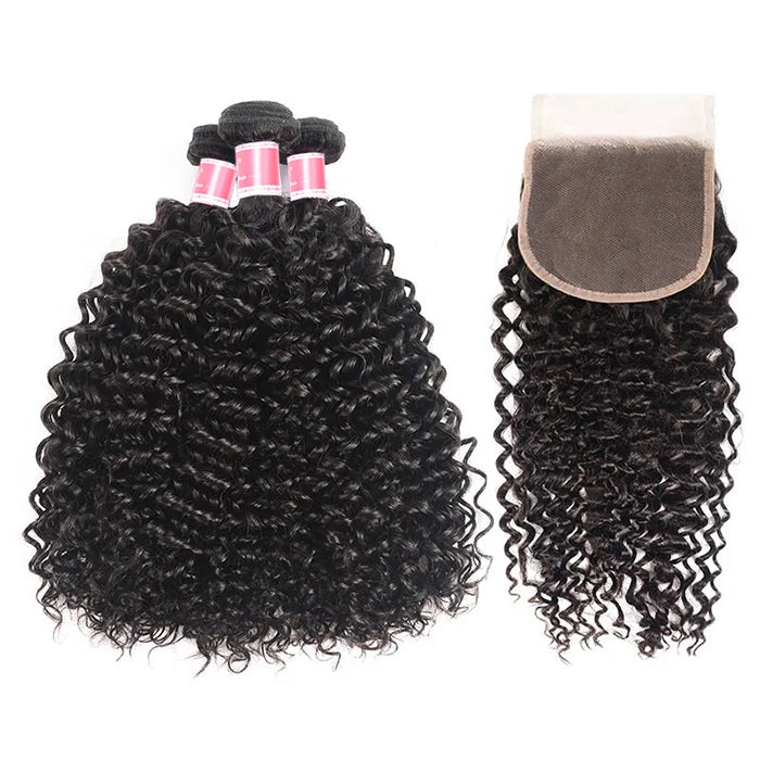 Malaysian Curly Hair 3 Bundles with 4*4 Closure Soft Unprocessed Virgin Human Hair