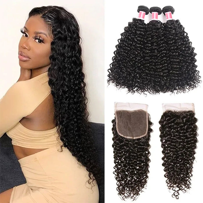 Malaysian Curly Hair 3 Bundles with 4*4 Closure Soft Unprocessed Virgin Human Hair