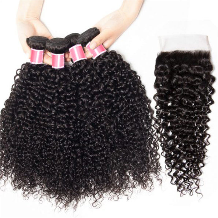 Brazilian Curly Hair 4 Bundles with 4*4 Lace Closure Virgin Human Hair