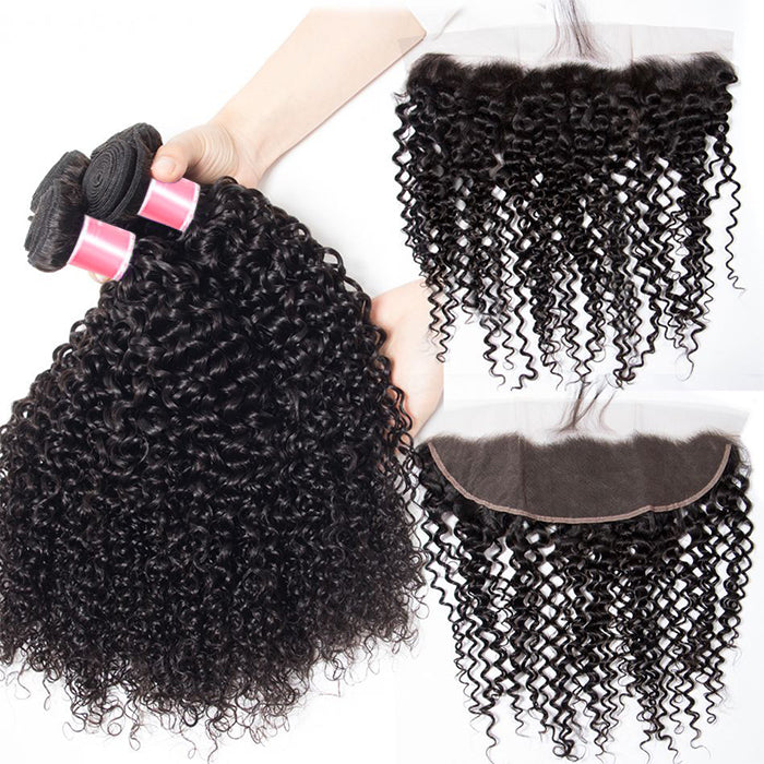 Malaysian Curly Hair 4 Bundles With 13X4 Ear To Ear Lace Frontal Natural Color