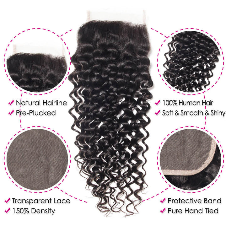 Peruvian Curly Hair 3 Bundles With 4x4 Transparent Lace Closure Remy Hair Weave