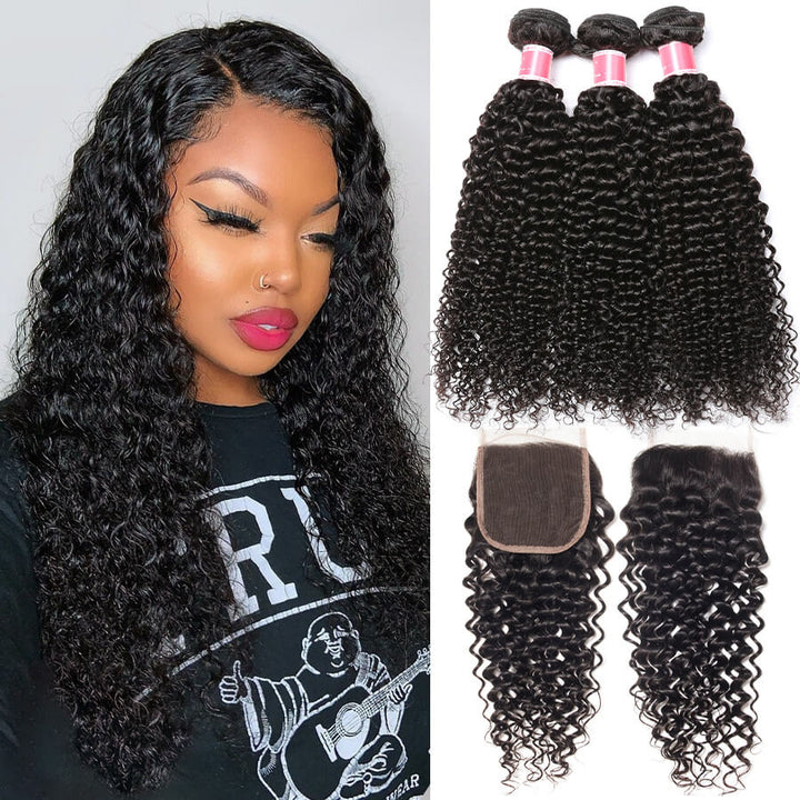 Brazilian Virgin Curly Hair 3 Bundles With Closure High Quality 100% Unprocessed Human Hair Bundles With Closure