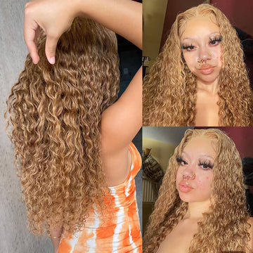 Deep Wave #27 Colored Human Hair Wigs Honey Blonde 13x4 13x6 HD Transparent Lace Frontal Wigs