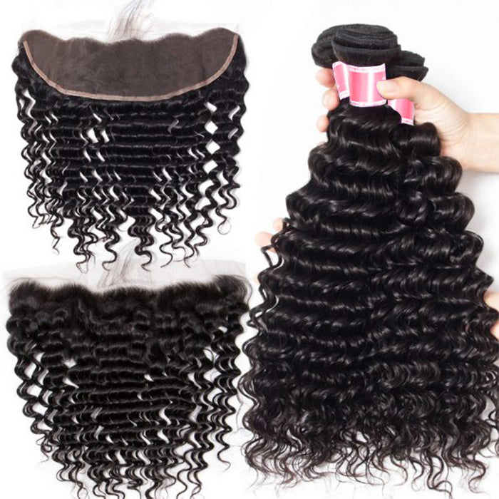 Malaysian Deep Wave 4 Bundles With 13X4 Ear To Ear Lace Frontal Natural Color