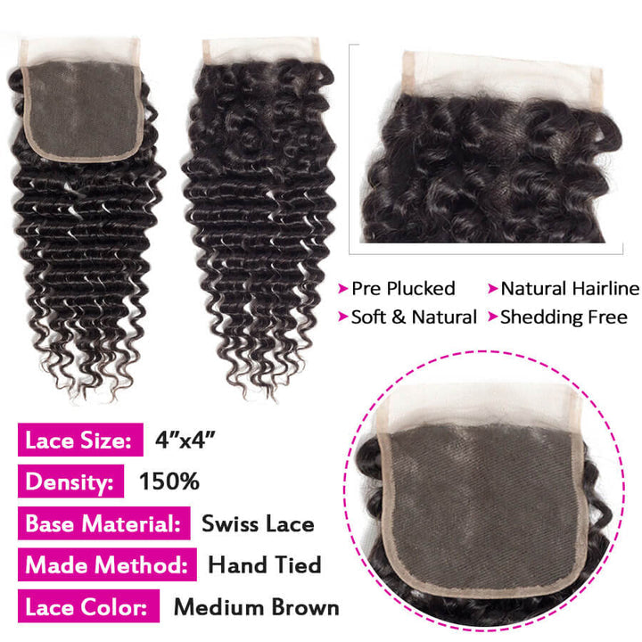 Peruvian Deep Wave 4 Bundles with 4*4 Closure Soft Unprocessed Virgin Human Hair