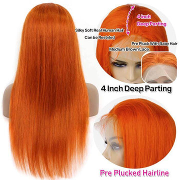 Ginger Orange Straight Wigs Glueless HD Lace Front Wigs Human Hair For Women