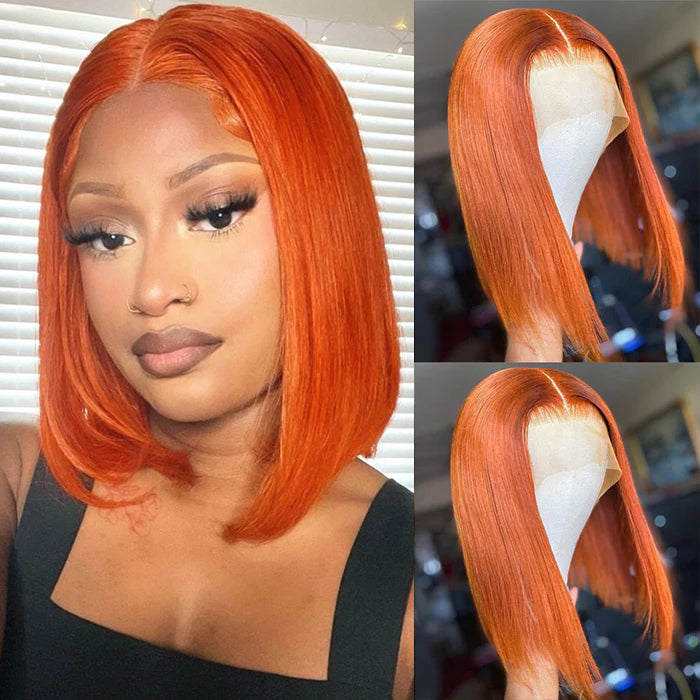 Orange Ginger Color 13x4 Lace Front Wigs Remy Human Hair Short Bob Wigs Baby Hair For Black Women 150% Preplucked