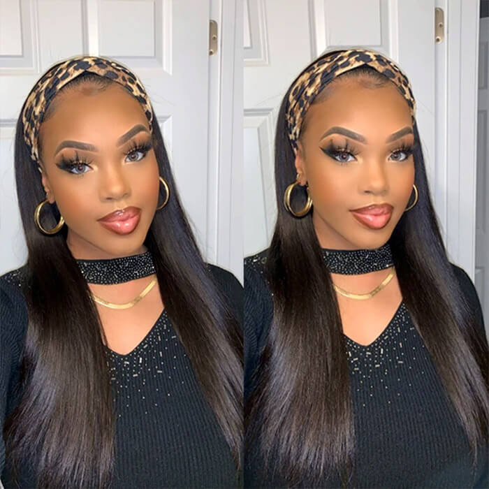 Headband Wigs Straight Human Hair No Gel No Glue Silk Scarf Wigs