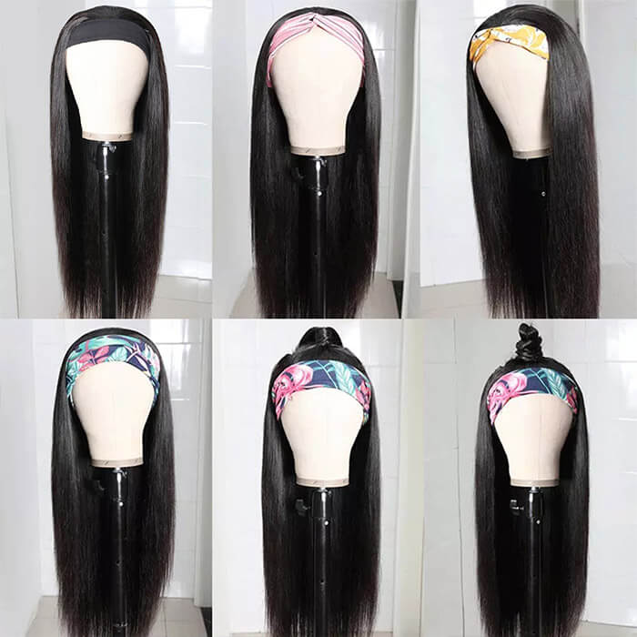 Headband Wigs Straight Human Hair No Gel No Glue Silk Scarf Wigs