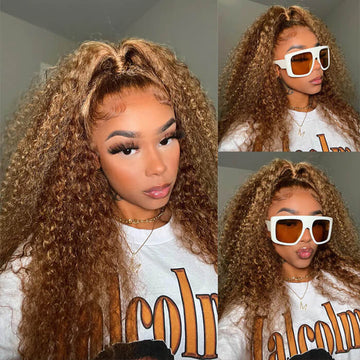 Highlight Curly Lace Front Wigs #4/27 Color Brazilian Remy Human Hair Wigs Pre Plucked