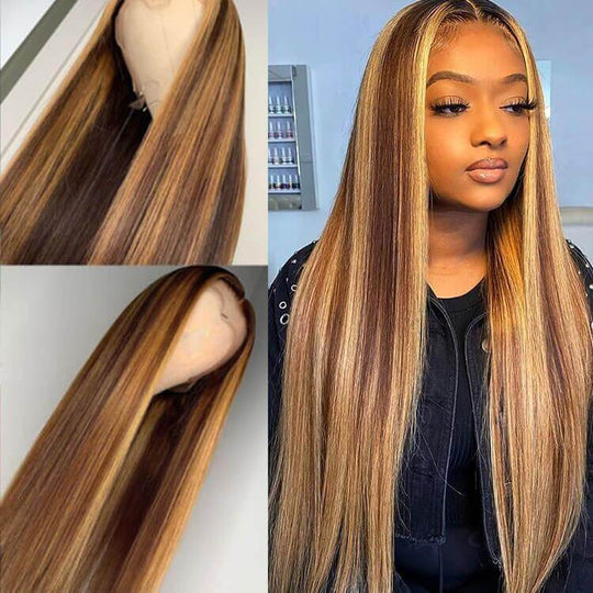 4/27 Highlight Brown Straight Wigs 4x4 13x4 13x6 HD Lace Front Wigs Honey Blonde Human Hair Wigs