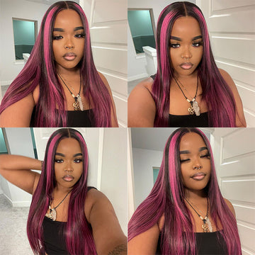 Balayage Intense Pink Violet Highlight Lace Front Wigs 13x4 Transparent HD Lace Human Hair Wigs