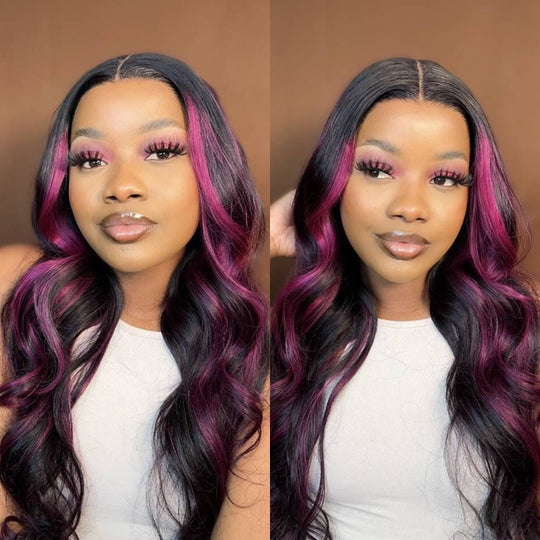 Balayage Intense Pink Violet Highlight Lace Front Wigs 13x4 Transparent HD Lace Human Hair Wigs