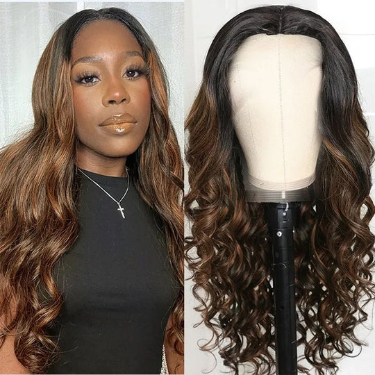 Body Wave V/U Part Wigs Highlight Balayage Colored Virgin Human Hair Glueless Wigs Beginner Friendly