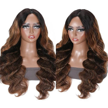 Body Wave V/U Part Wigs Highlight Balayage Colored Virgin Human Hair Glueless Wigs Beginner Friendly