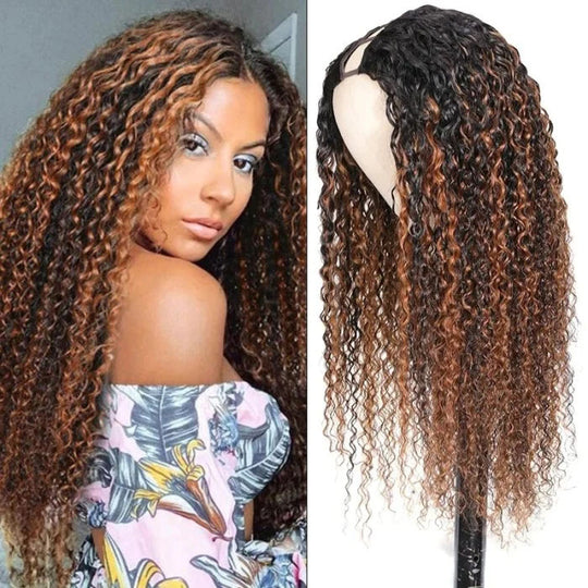 V/U Part Wigs Curly Balayage Highlight Color Wigs Human Hair Beginner Friendly No Lace