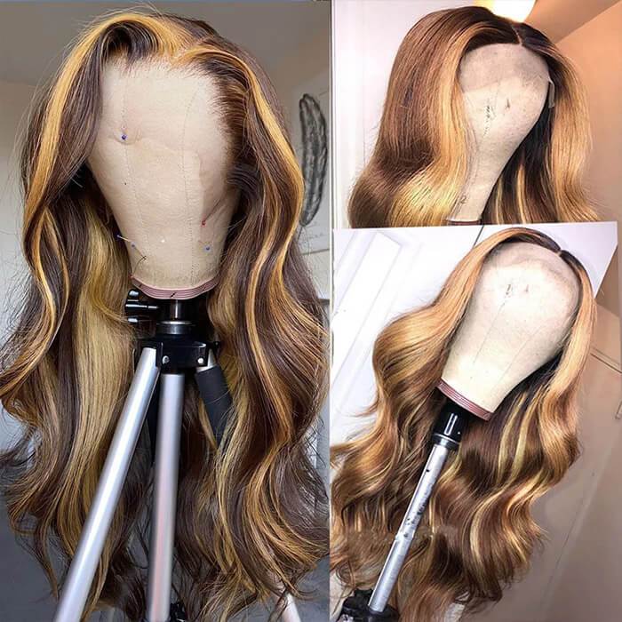 4/27 Honey Blonde Wig 13*4 Lace Front Wigs Human Hair Body Wave Ombre Wigs