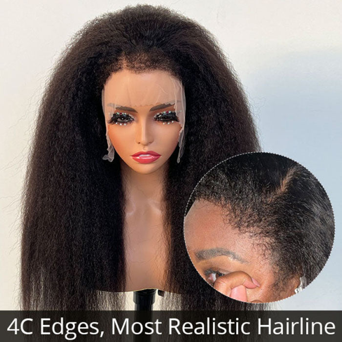 Natural 4C Edges Kinky Straight 5x5 HD Lace Front Wigs With 4C Hairline Kinky Edges