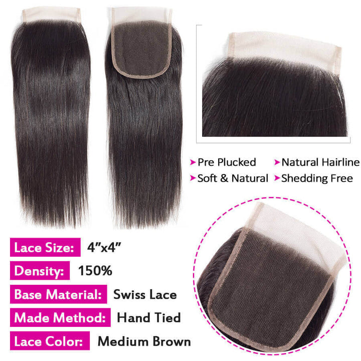 Brazilian Straight Hair 3 Bundles with 4*4 Lace Closure Virgin Human Hair