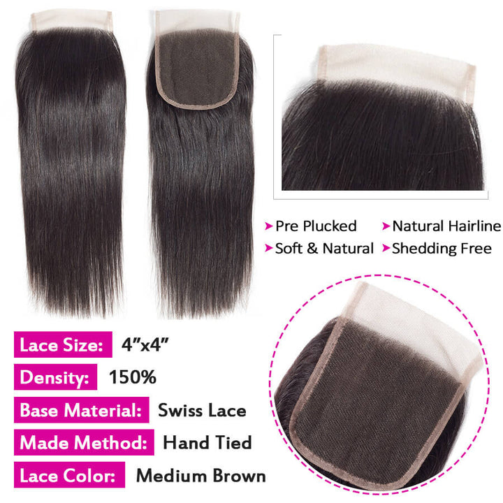 4x4 HD Transparent Lace Closure Straight Human Hair Closure Natural Black Hair Top Swiss Lace