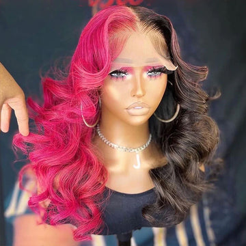 Half Rose Pink Half Black Color Body Wave Wigs 13x4 HD Lace Frontal Wigs Human Hair