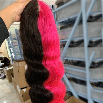 Half Rose Pink Half Black Color Body Wave Wigs 13x4 HD Lace Frontal Wigs Human Hair