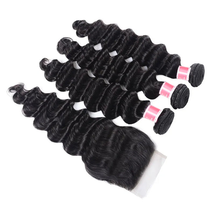 Malaysian Loose Deep Wave 3 Bundles with 4*4 Closure Soft Unprocessed Virgin Human Hair