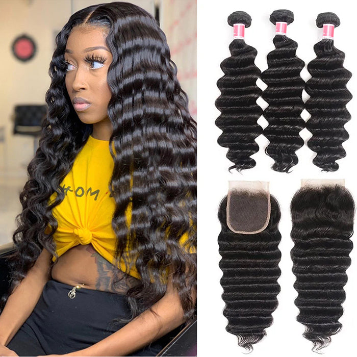 Malaysian Loose Deep Wave 3 Bundles with 4*4 Closure Soft Unprocessed Virgin Human Hair