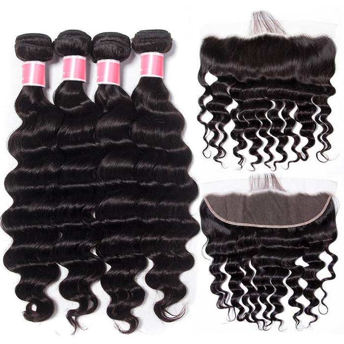 Brazilian Loose Deep Wave 4 Bundles with 13*4 Lace Frontal Virgin Human Hair