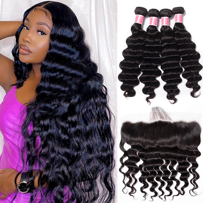 Brazilian Loose Deep Wave 4 Bundles with 13*4 Lace Frontal Virgin Human Hair